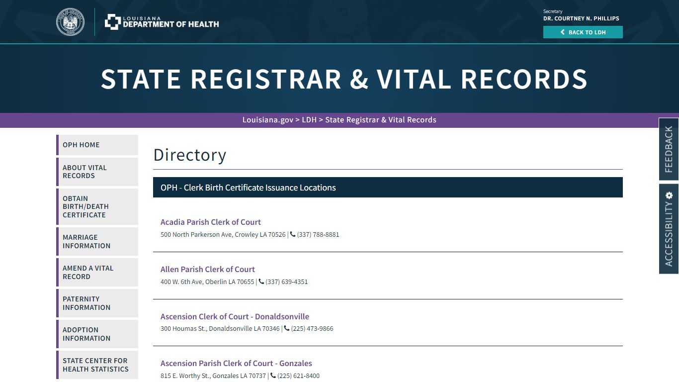 OPH - Clerk Birth Certificate Issuance Locations | La Dept. of Health